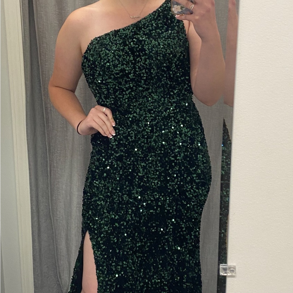 Sherri Hill Green Sparkle One Shoulder Dress